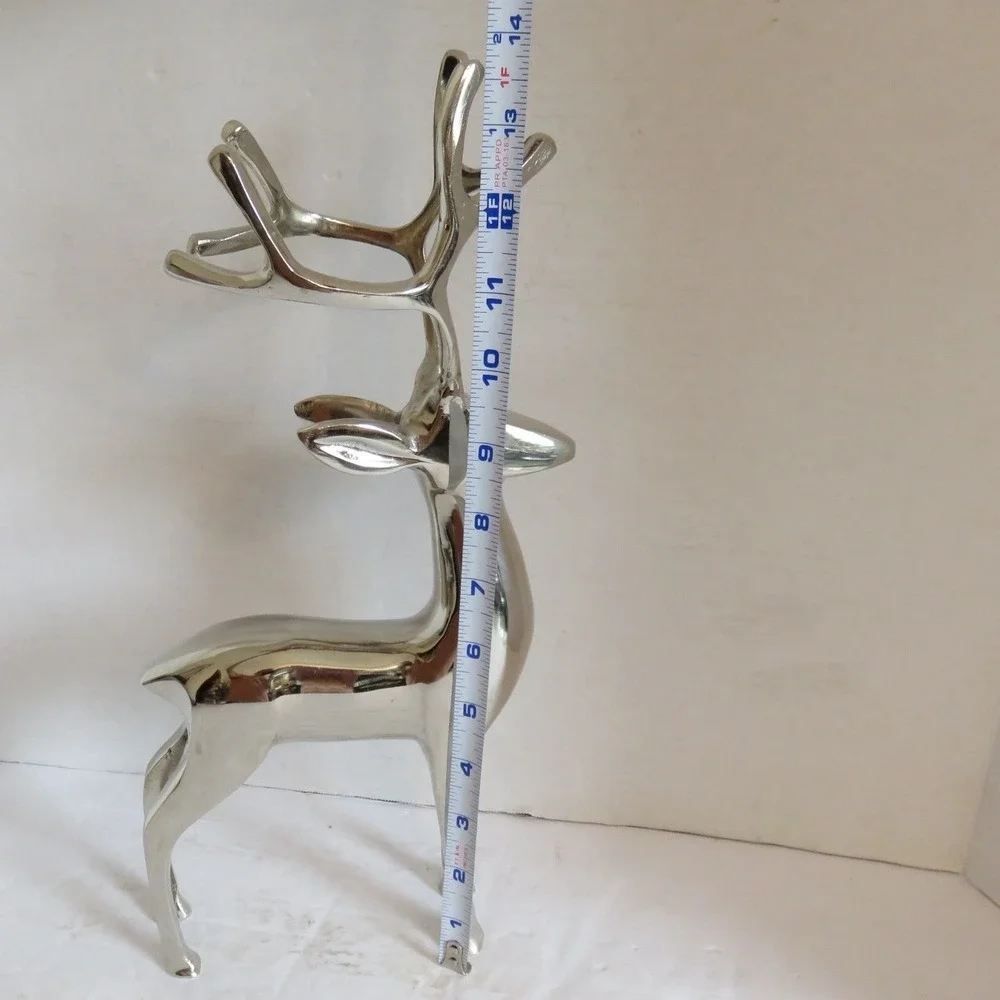 Modern Silver Polished Metal Reindeer Figurine 14 Inch Holiday Decor Stag Buck